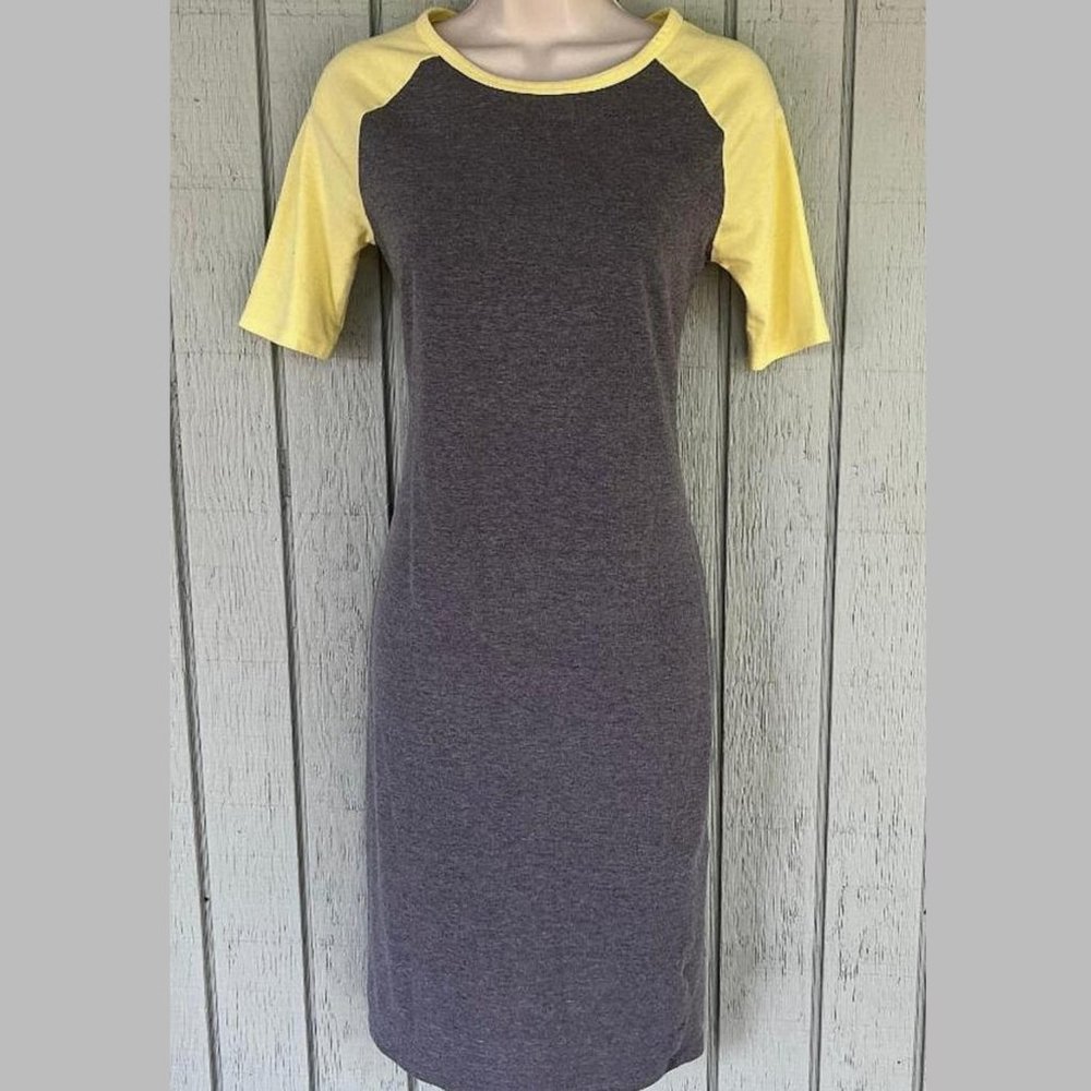 LulaRoe Julia Dress Heathered Gray w/Yellow Raglan Baseball Sleeve Knit ~ Sz XS